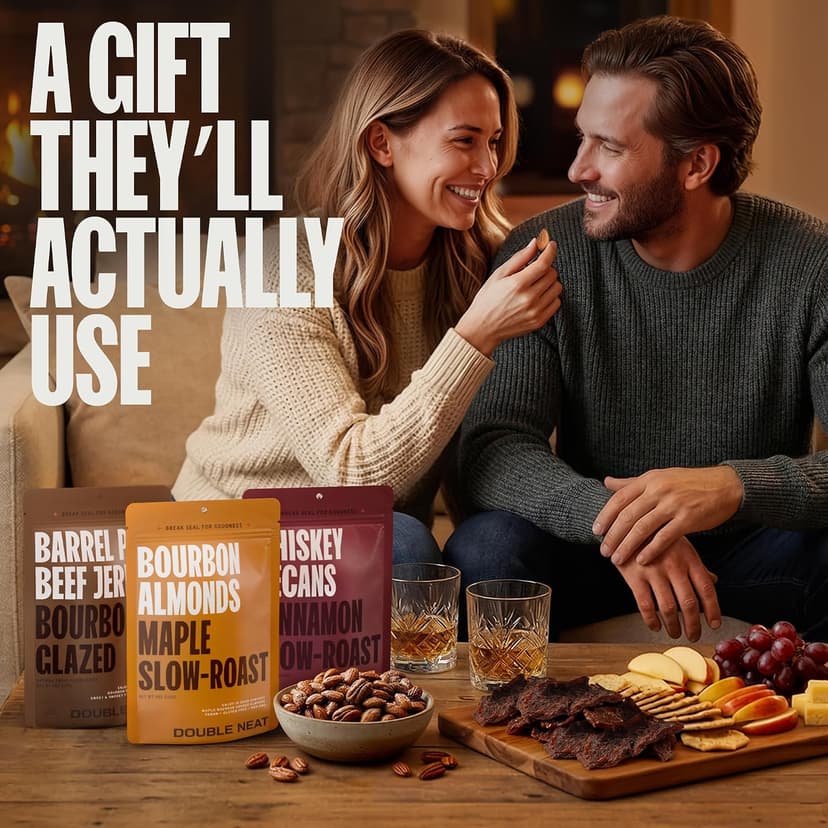 Double Neat Bourbon Flavored Snacks Variety Pack | Snacks Gifts for Men | Bourbon Glazed Beef Jerky, Cinnamon Whiskey Pecans, Almonds | Gift for Whiskey Lovers Men | 10oz, 3 Pack B0GGHN7KTL
