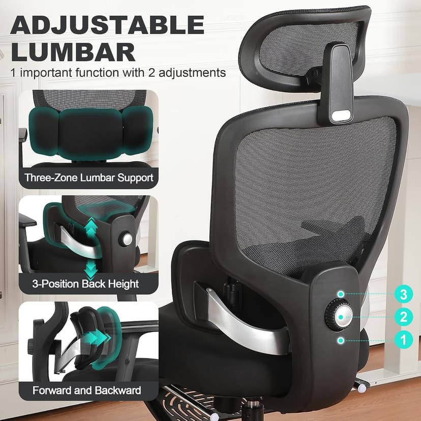 Ergonomic Office Chair with Footrest, Mesh Desk Chair with Adjustable Headrest & Armrests & Dynamic Floating Wing Lumbar Support, High Back Computer Chair for Home Office, BIFMA Certified, Black