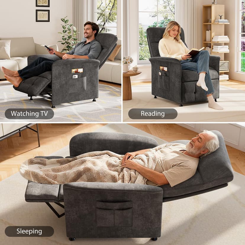 Power Recliner Chair for Adults with Heat & Massage - Soft Fabric Electric Reclining Sofa with Remote Control, 180° Lay Sleeper 3 Side Pockets for Living Room Home Theater, Dark Grey