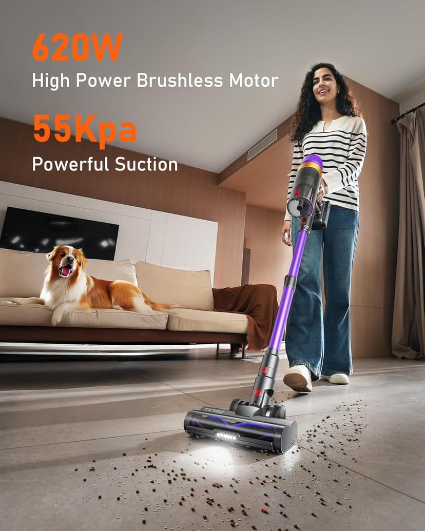 TVTAU Cordless Vacuum Cleaner, Self-Standing 620W 55KPA 75Min Runtime Stick Vacuum for Home, 1.8L Dust Cup, LED Display, Anti-Tangle, 8-Stage Filtration, for Hardwood Floor Carpet Pet Hair