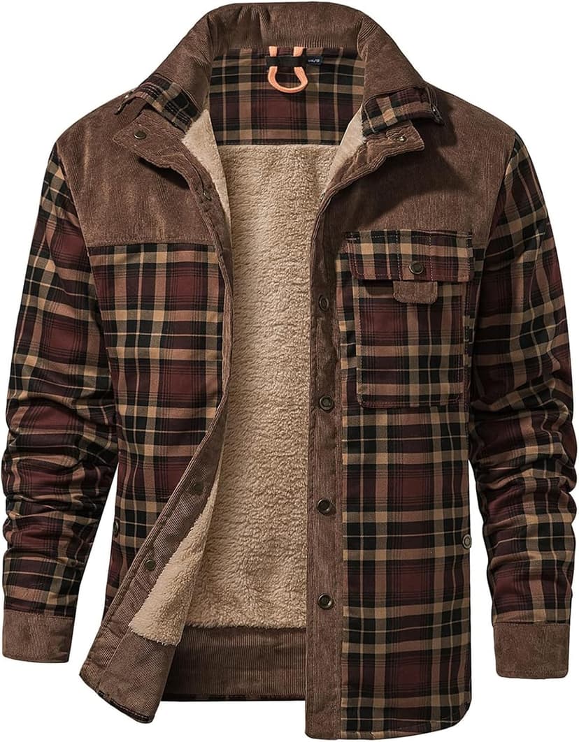 Gihuo Men's Long Sleeve Sherpa Lined Shirts Outdoor Warm Flannel Plaid Jacket Button Down Fleece Coats B0D8J55BZW