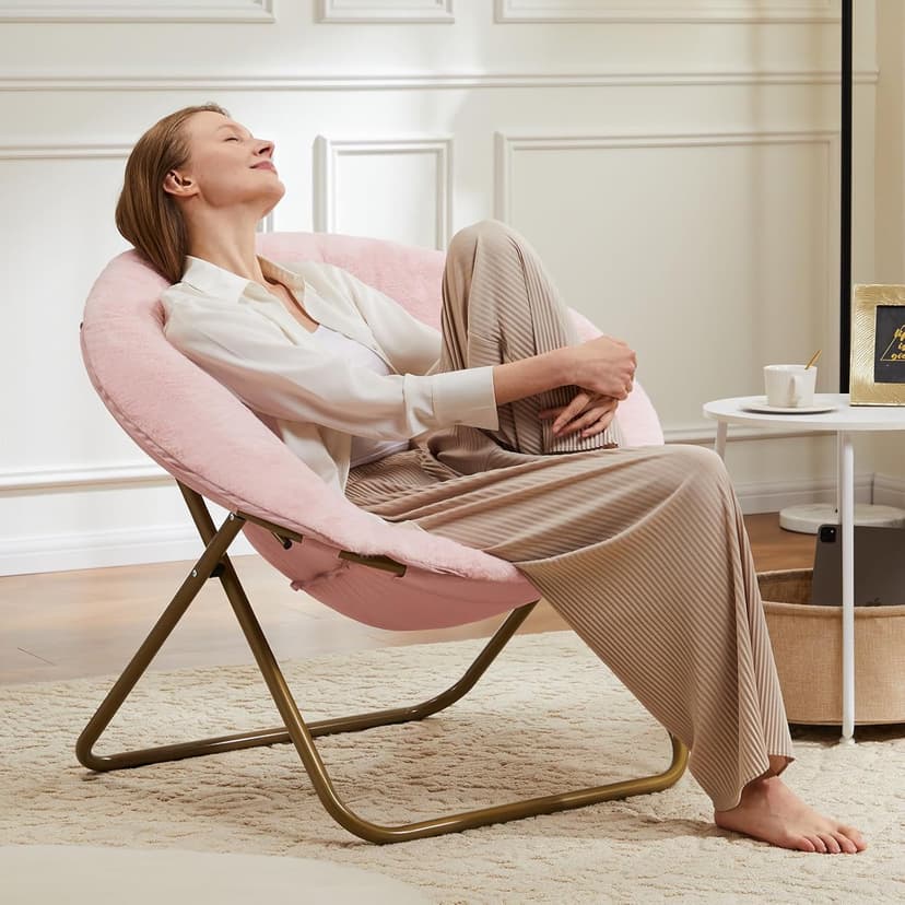 DUMOS Comfy Saucer Chair, Faux Fur Lounge Seasting XL Circle Chair for Bedroom, Dorm & Gaming, Foldable Fashion Accent Seat for Small Spaces, Folding Moon/Mushroom/Round Oversized Style