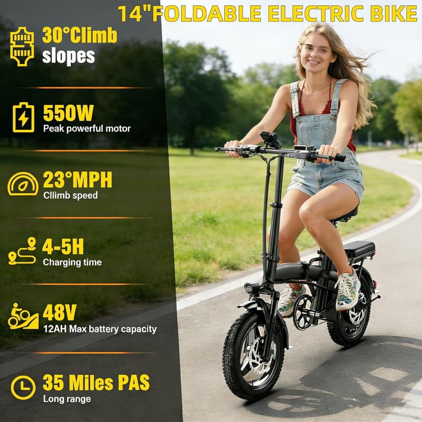 Electric Bike for Adults&Teens,550w Motor | 48V 12V Removable Battery | 23Mph Speed | PAS Mode 35 Miles Range | 14" Foldable E-Bike | Dual Disc Brakes | Ul 2849 Certified | Commuter Mini Bikes