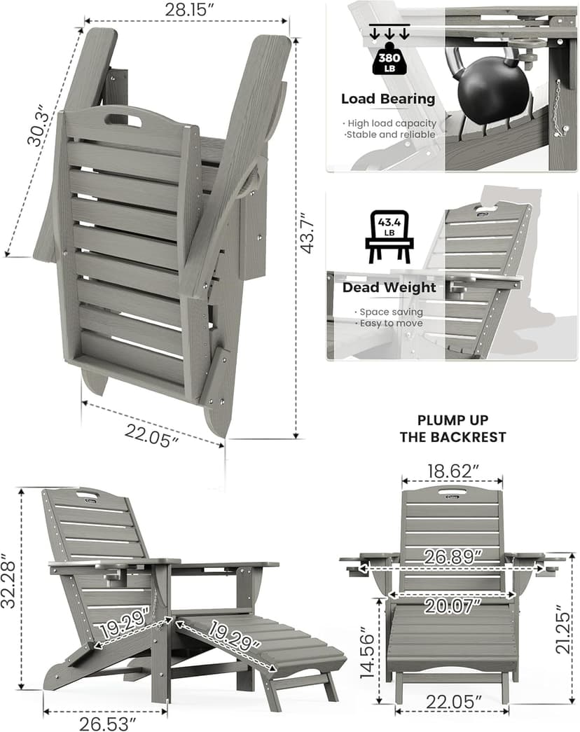Ciokea Folding Adirondack Chair with Retractable Ottoman Fire Pit Patio Chair with Pull Out Foot Rest Weather Resistant Lawn Outdoor Lounge Chair with 2 Cup Holder (Grey)