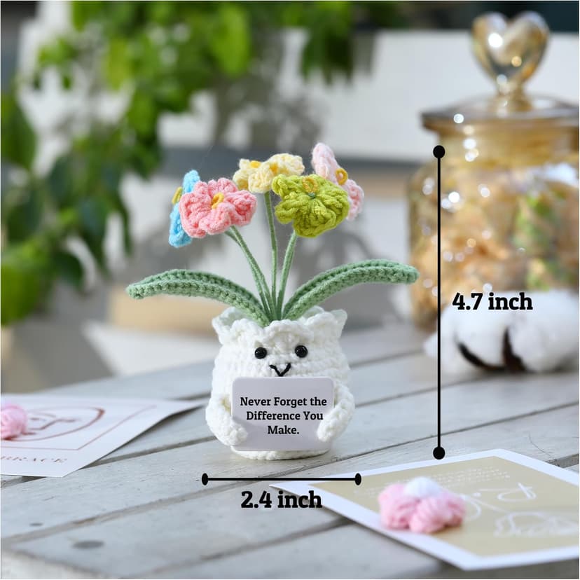 Cute Gifts for Women, Boss Day, Teacher Appreciation, Coworker & Nurse Thank You Gift, Desk Decor, 4.7 In H × 2.4 In W Forget-Me-Not Crochet Flower Potted Plant Gift B0F26ST99P