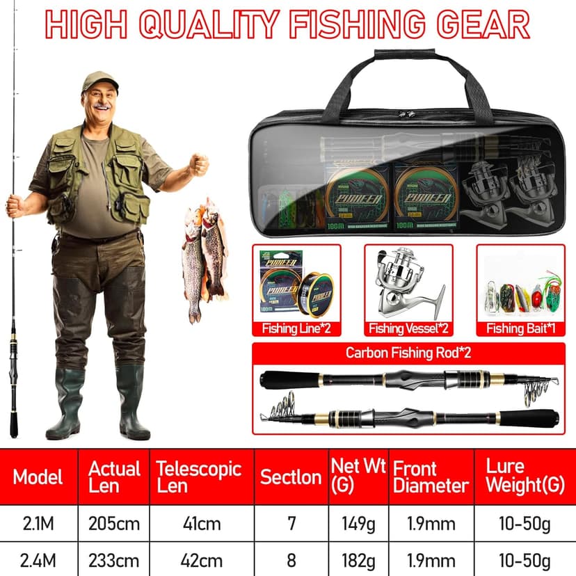 Telescopic Fishing Rod Combo - 2PCS 6.9 7.89FT Collapsible Carbon Fiber Pole Set, Spinning Reel Lures Lines Kits with Carrier Bag for Travel Saltwater Freshwater Fishing Gifts for Adults Beginer