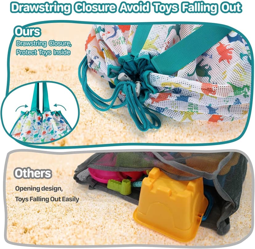 Extra Large Beach Toy Bag with Drawstring - Lightweight Mesh Tote Bag for Sand Toys, Beach Swinmming Pool Essentials, Dino Green