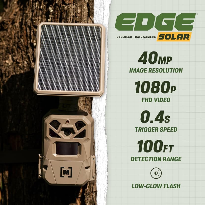 Moultrie Edge Solar Cellular Trail Camera - Integrated Solar Panel with Battery - 40MP - 1080p Video - Night Vision - Multi-Carrier LTE Auto-Connect - Built-in Memory - 0.4s Trigger Speed