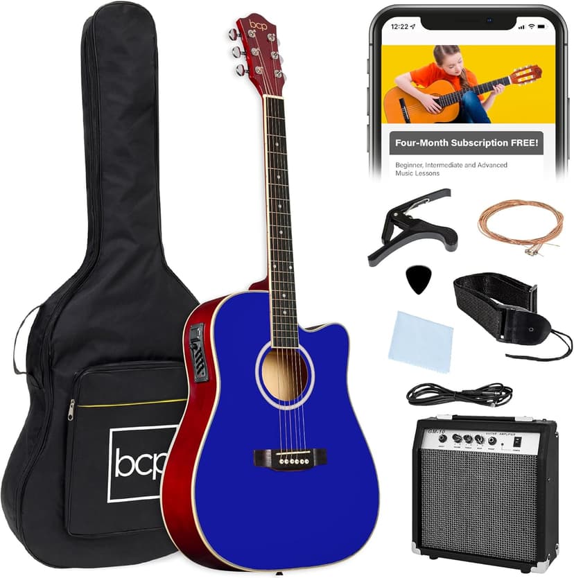 Best Choice Products Beginner Acoustic Electric Guitar Starter Set w/ 41in, All Wood Cutaway Design, Gig Bag, Strap, Picks - Dark Blue