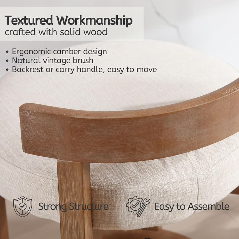 LukeAlon Mid Century Linen Counter Stools Set of 3, Upholstered 26.5" Seat Height Low Barstools with Natural Wood Legs Round Low Back Kitchen Stools with Footrest for Dining Room, Beige