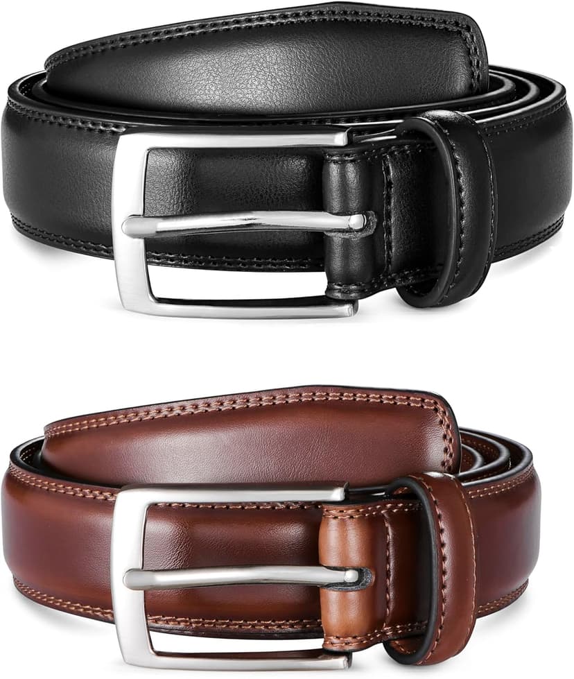 MILORDE Men's Leather Dress Belt 2Pack, Handmade, Genuine Leather, Fashion & Classic Designs for Work Business and Casual