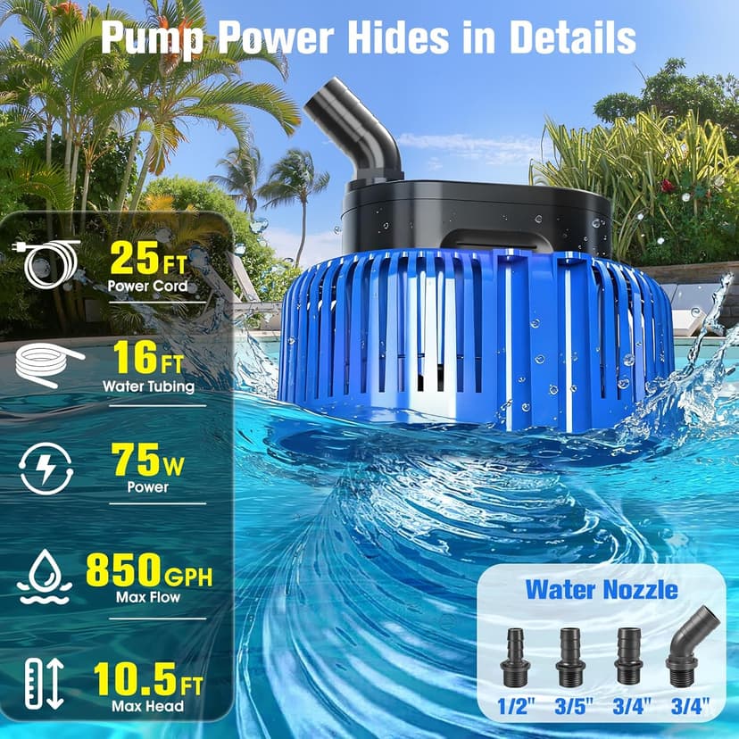 Pool Cover Pump above Ground, Submersible Water Sump Pump Swimming Water Removal Pumps,Submersible Pump for Pool Draining,Pool Pump 16FT Drainage Hose,25 FT Extra Long Power Cord, 850 GPH,4 Adapters