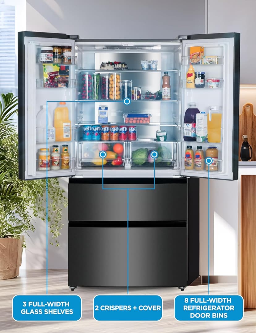 Commercial Cool 18.9 Cu. Ft. French Door Refrigerator, 33 Inch Wide Refrigerator with 2 Bottom Mount Freezer Drawers, Frost Free, LED Lighting, Digital Temperature Control, CCRF1890KB, Black