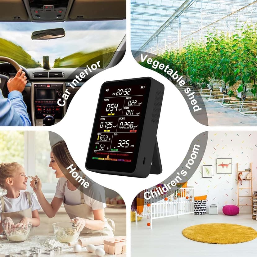 Professional Indoor Air Quality Monitor with AQI Alerts, Portable Real-Time Detector for Home, Car, Plants & Pet (Black)