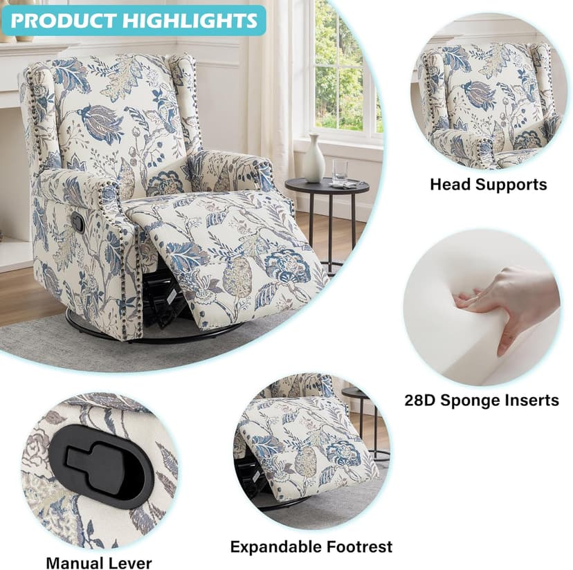 Swivel Glider Floral Recliner Chairs Set of 2, High Back Swivel Rocker Fabric Accent Chair for Living Room, Rivet Trim Upholstered Armchair Manual Sofa Seating - Plants Blue