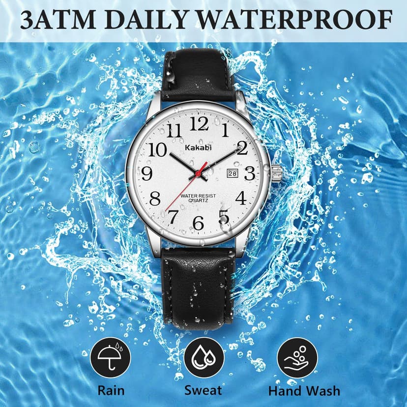 Kakabi Watch for Men, Easy Reader Unisex Analog Quartz Waterproof Wristwatch with Date and Leather Band, Casual Simple Fashion Mens Watches Gift