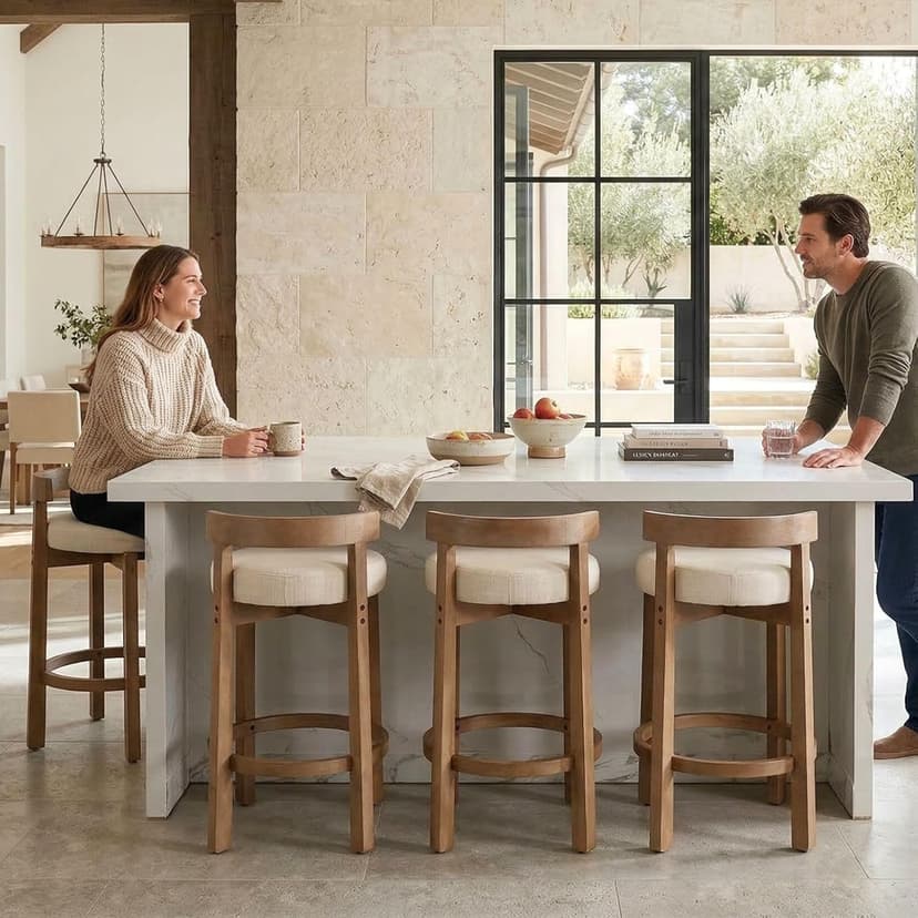 LukeAlon Mid Century Linen Counter Stools Set of 3, Upholstered 26.5" Seat Height Low Barstools with Natural Wood Legs Round Low Back Kitchen Stools with Footrest for Dining Room, Beige