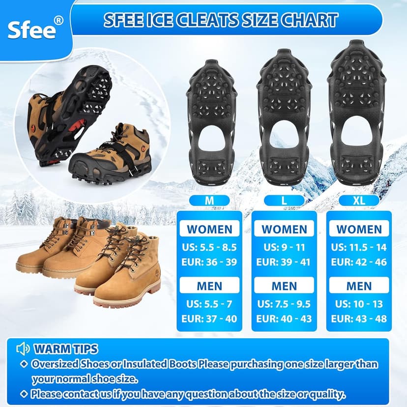 Sfee Crampons Ice Cleats for Shoes and Boots, 28 Steel Shoe Spikes Ultra-Grip Ice Cleats for Men Women Non-Slip Snow Traction Ice Grippers for Shoes and Boots for Walking, Hiking, Climbing, Fishing