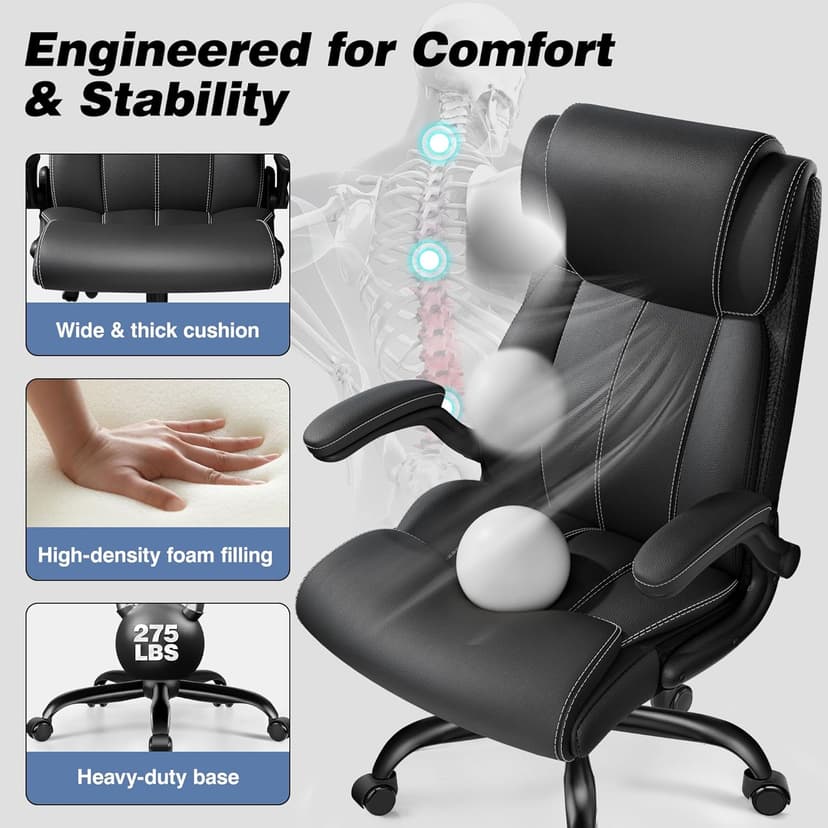 BESTFAIR Ergonomic Office Chair - Desk Computer Chair, Leather High Back Executive Chairs with Adjustable Lumbar Support & Flip Up Arms, Rocking, Black