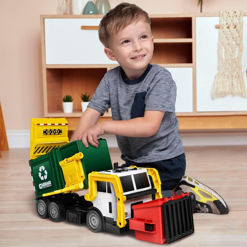 JOYIN Large Friction Powered Garbage Truck Toy Set, Includes 1 Dumpster, 3 Trash Bins, and 30 Learning Cards for Kids, Boy Toys Birthday Gift, Green B095XJDJ8V