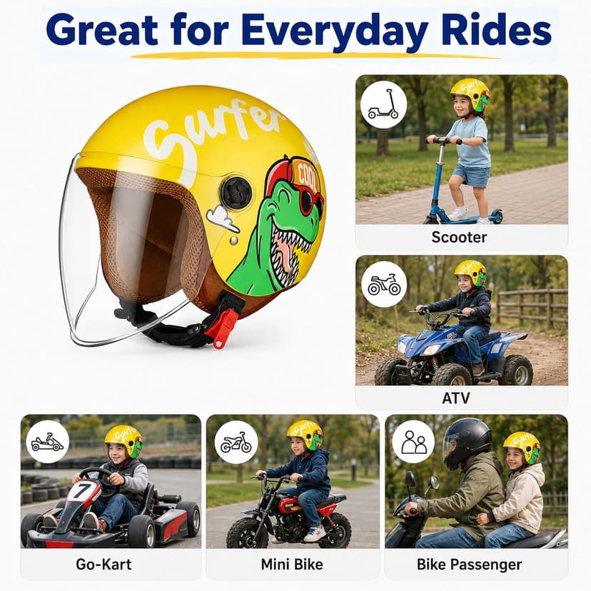 Kids Motorcycle Helmet, Jet Helmet with Visor, Scooter & Bike ATV, Quick-Release Buckle, Removable & Washable, 48-55cm