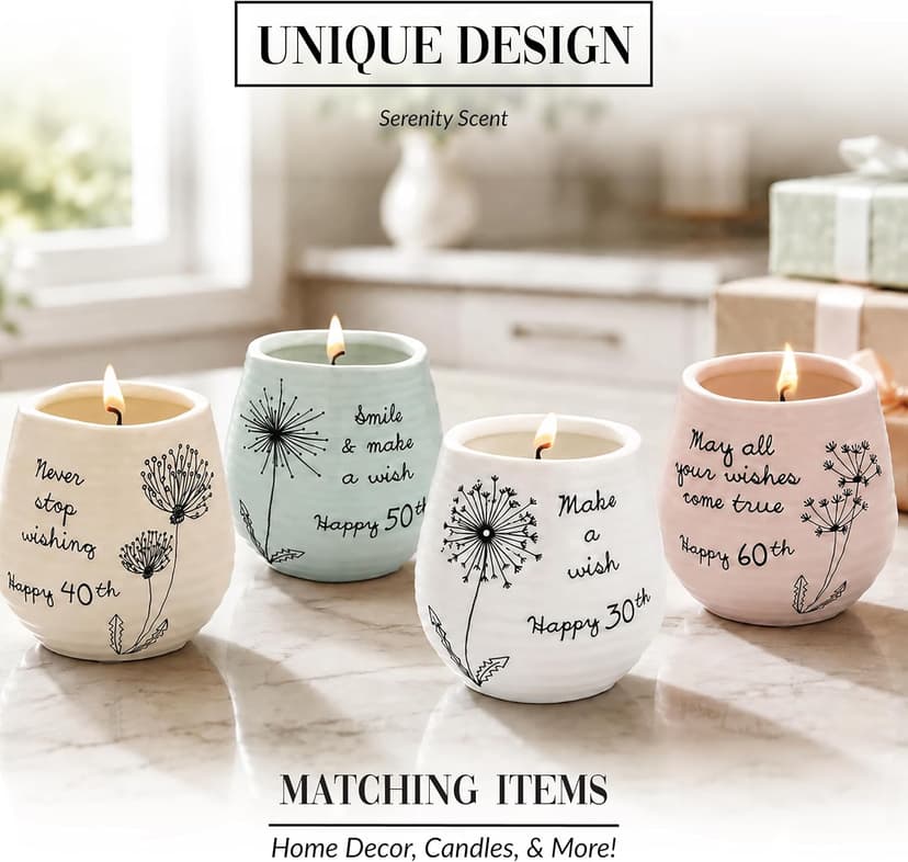 Pavilion Gift Company Never Stop Wishing Happy 40th Birthday - 8 oz Soy Wax Candle with Wick in A Yellow Ceramic Vessel 8 oz-100 Scent: Serenity, 3.5 Inch Tall