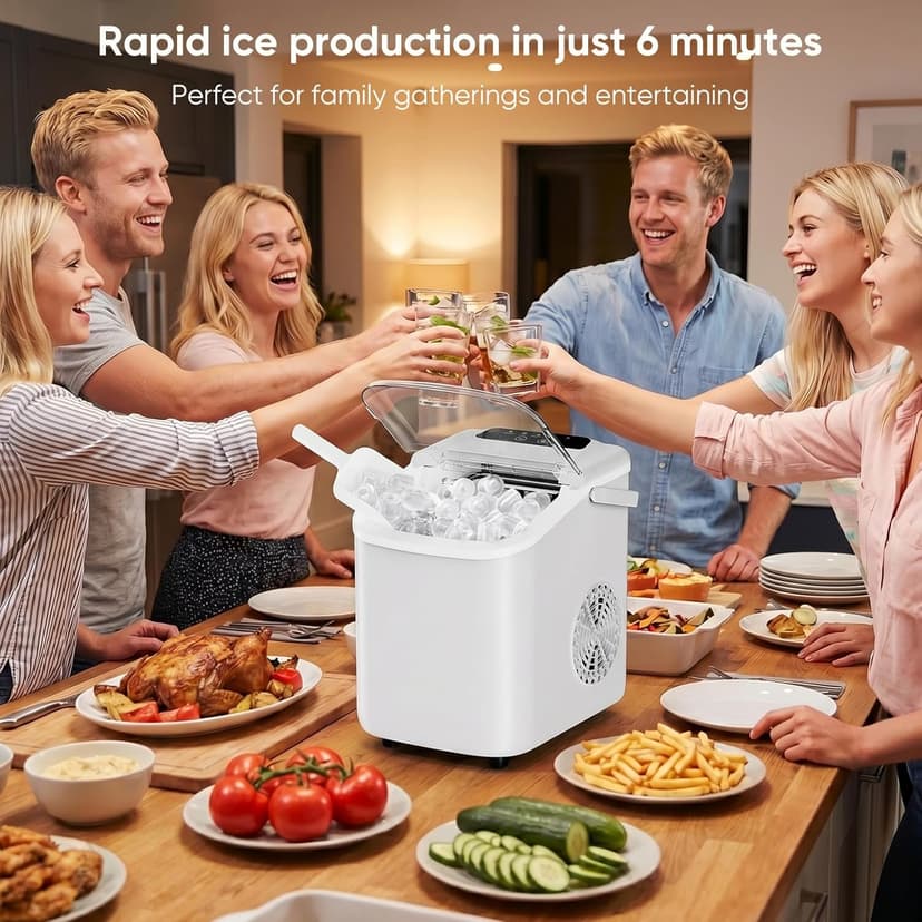 DUMOS Ice Maker Countertop, Ice Machine with Portable Handle, Basket and Scoop, 26lbs Daily, 9 Bullet Cubes in 6~8 Mins, Auto-Cleaning for Home, Kitchen, Office, Outdoors, RV Camping
