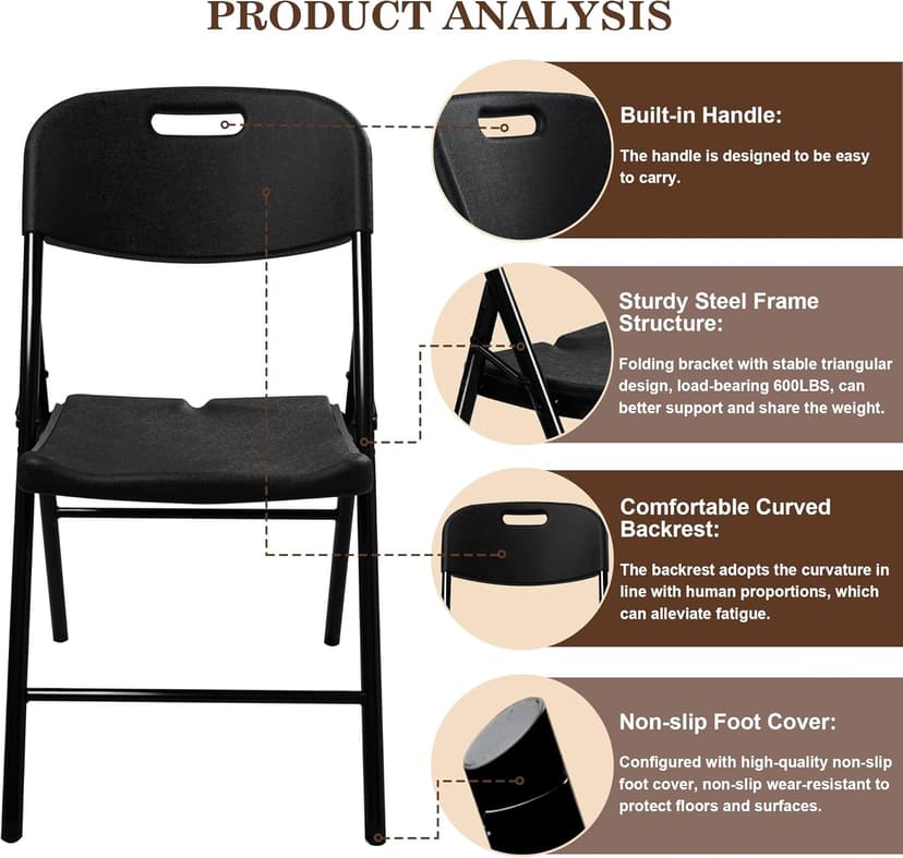 6 Pack Folding Chair, 600 lb Weight Capacity,Indoor/Outdoor Heavy Duty Foldable Chairs for Restaurants, Kitchens, Picnics, Races, Parties & Weddings. (6, Black)
