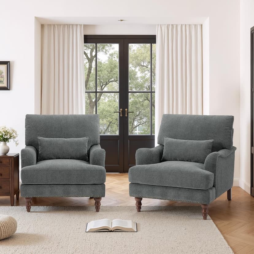 Accent Chairs Set of 2, Upholstered Roll Armchair for Living Room, Comfy Club Chair with Lumbar Pillow in Chenille Reading Chair for Bedroom Small Spaces-Gray