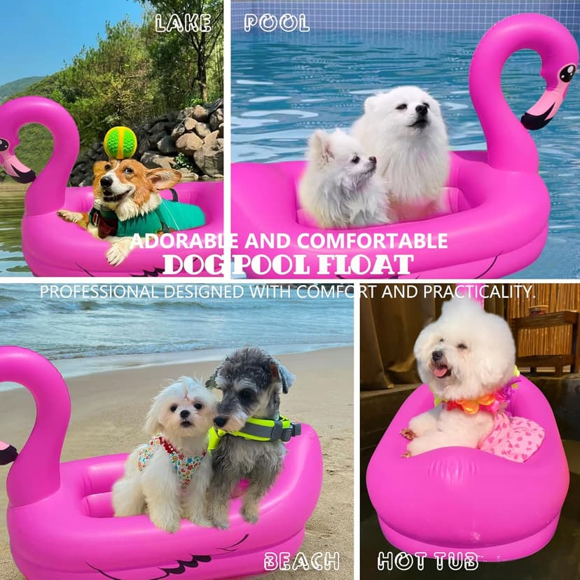 Dog Pool Float, Funny 6-in-1 Inflatable Dog Floats for Pool, Pet Floatie Raft for Small Dogs, Puppy and Doggies, Pink Flamingo