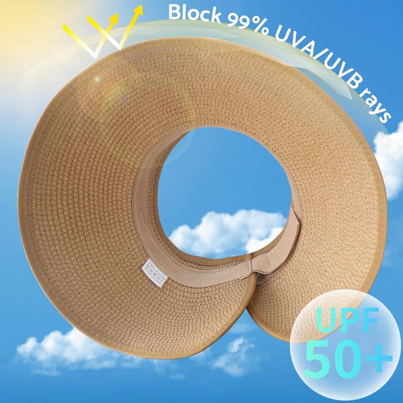 NPJY Sun Hats for Women Wide Brim Roll-Up Beach Ponytail Hat Packable Foldable Travel Straw Visor