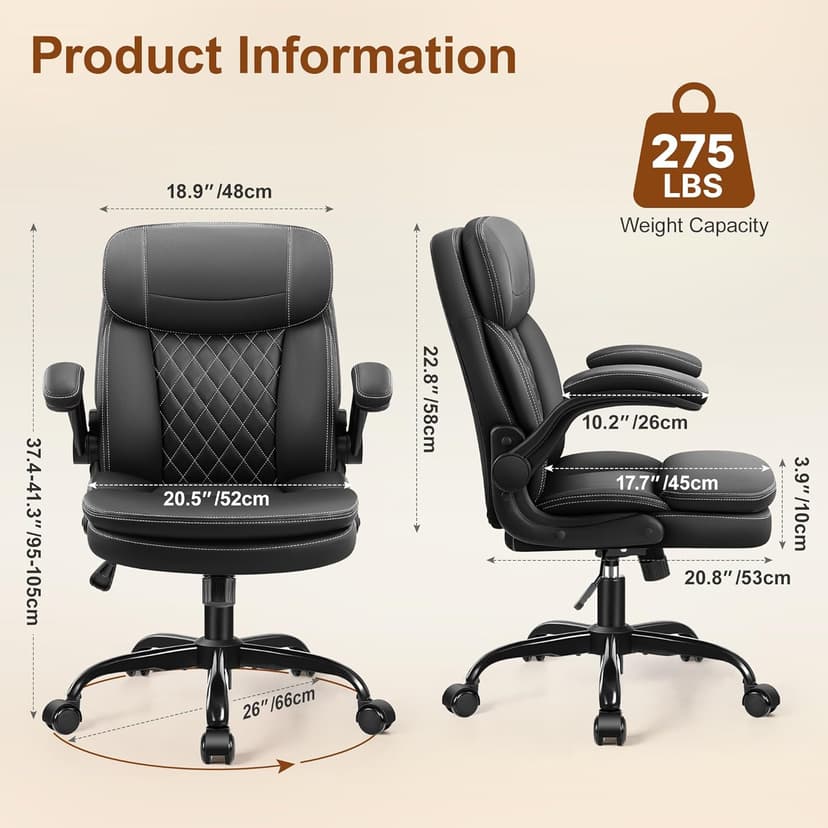 Leather Office Chair, Upgraded PU Computer Desk Chairs with Double-Layer Seat Cushion and Neckrest, 360°Swivel, Ergonomic Small Gaming Chair with Wheels and Adjustable Armrests for Short People, Black