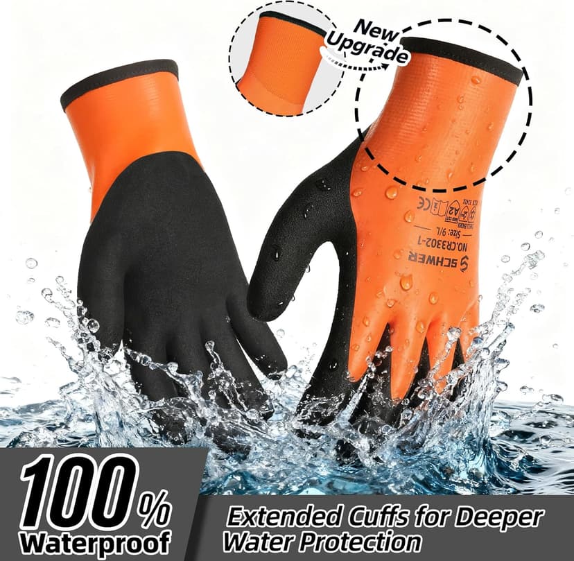 Schwer 2 Pairs 100% Waterproof Winter Work Gloves, ANSI A2 Cut Resistant Freezer Gloves for Outdoor Cold Weather Keep Hands Warm, Thermal Insulated Gloves for Shoveling Snow, Ice Fishing, L