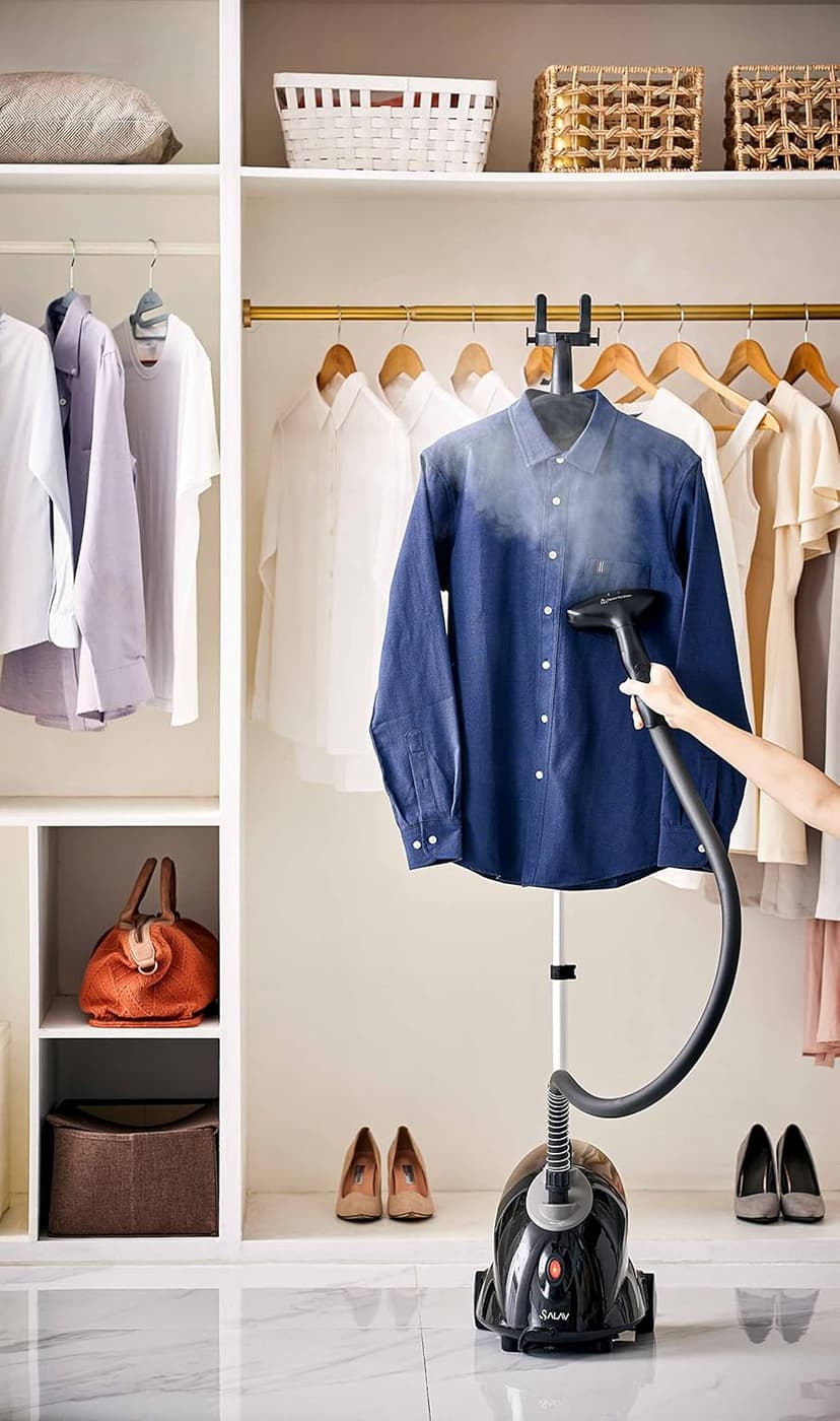 SALAV GS18-DJ Standing Garment Steamer with Roll Wheels for Easy Movement, 1.8L Water Tank for 1 Hour Continuous Steaming, Adjustable Pole for Storage, Includes Descaler Packet, 1500 watts