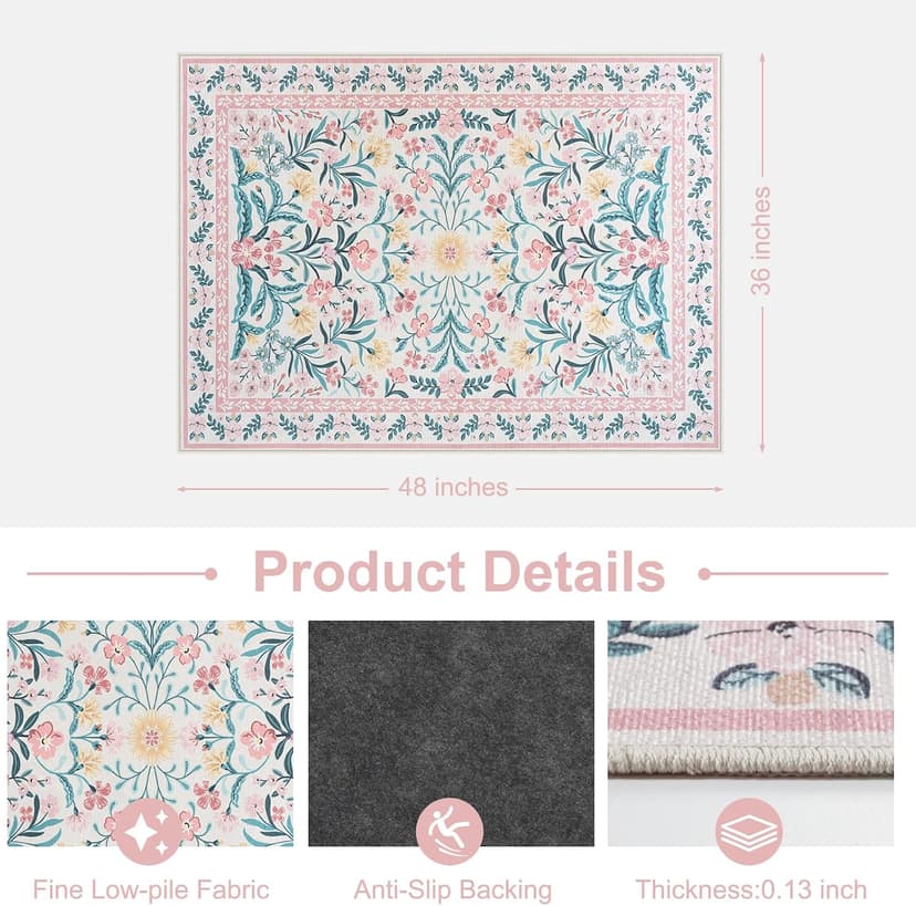 Anidaroel 36"x48" Office Chair Mat for Hardwood Floor, Boho Floral Floor Mat for Office Chair, Anti-Slip Desk Rug for Office, Low Pile Desk Chair Mats for Hardwood, Blush Pink Small Office Rug