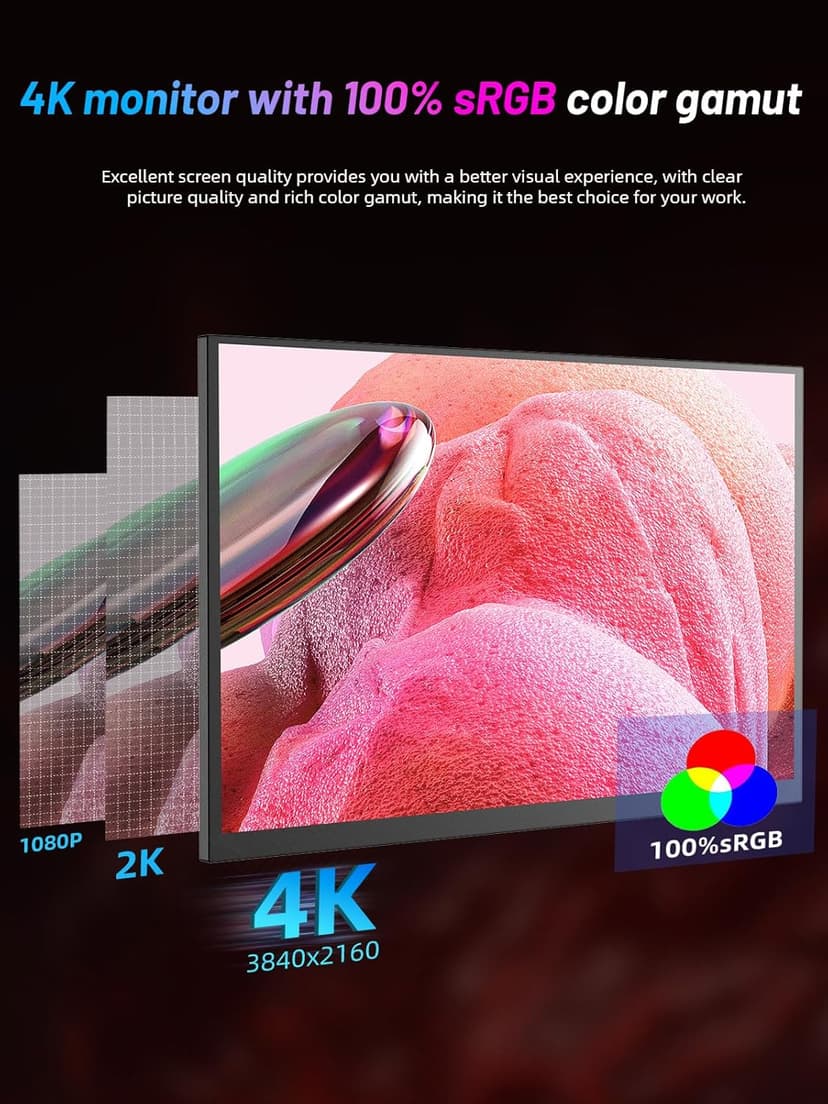 4K Portable Monitor 18.5" 3840x2160 UHD USB-C HDMI for Laptop, 1000:1, 100%sRGB, Built-in Stand & VESA Mount, 8Bit IPS Computer Gaming Display Travel Monitor for Desktop Mac Phones Tablet PS5/4 Switch