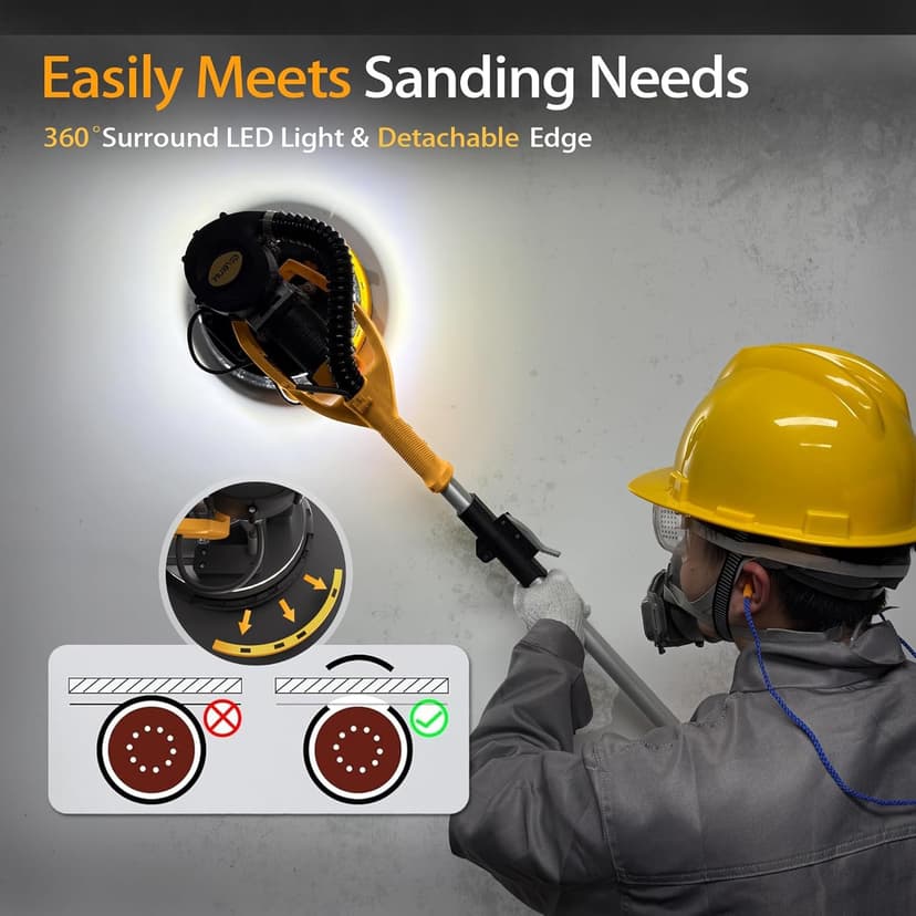 GEVEELIFE Drywall Sander, 880W 7.33A Electric Drywall Sander with Vacuum Dust Collector, 5 Variable Speed 1000-2100RPM, LED Light, Foldable & Extendable Handle, 12 Sanding Discs (Dark Orange)