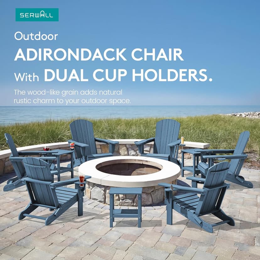 SERWALL Folding Adirondack Chair, HDPE Adirondack Chairs Set of 2, Plastic Outdoor Chairs- Looks Exactly Like Real Wood- Navy