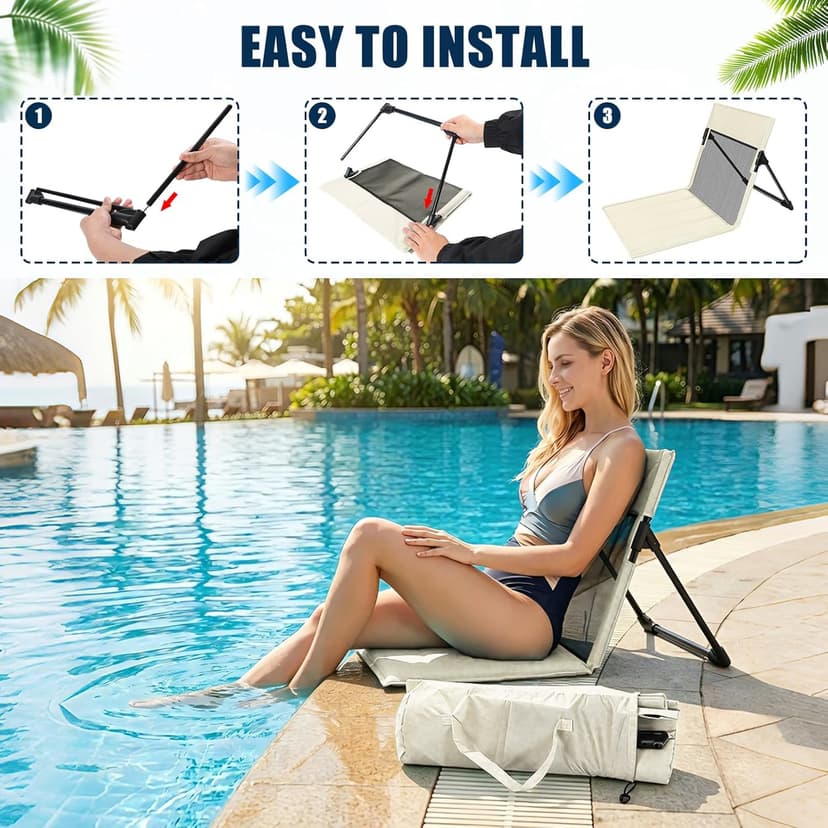 Foldable Poolside Chairs, 2 Pack Lightweight Portable Beach Chairs with Back Support for Adults, Compact Folding Pool Edge Chair for Outdoor Camping Picnic Beach, Light Beige