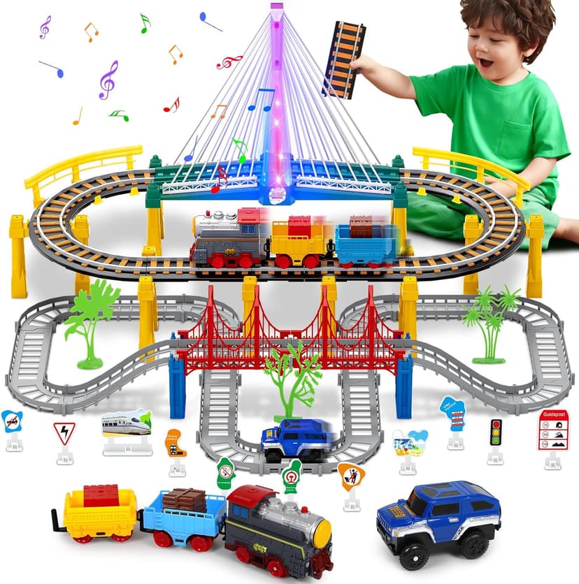 Electric Train Set for Kids Ages 4-8 with Train Tracks Set & Car Tracks Lights Up Bridge Road Sign Realistic Sound Train Track Accessories Playset Boy Toys Birthday 4 5 6 7 8+ Year Old