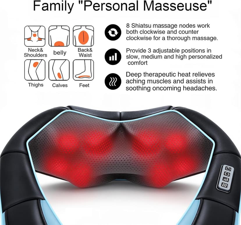 Mo Cuishle Shiatsu Back Shoulder and Neck Massager with Heat, Electric Deep Tissue 4D Kneading Massage, Best Gifts for Women Men Mom Dad, Fathers Day, Mothers Day, Christmas Gifts