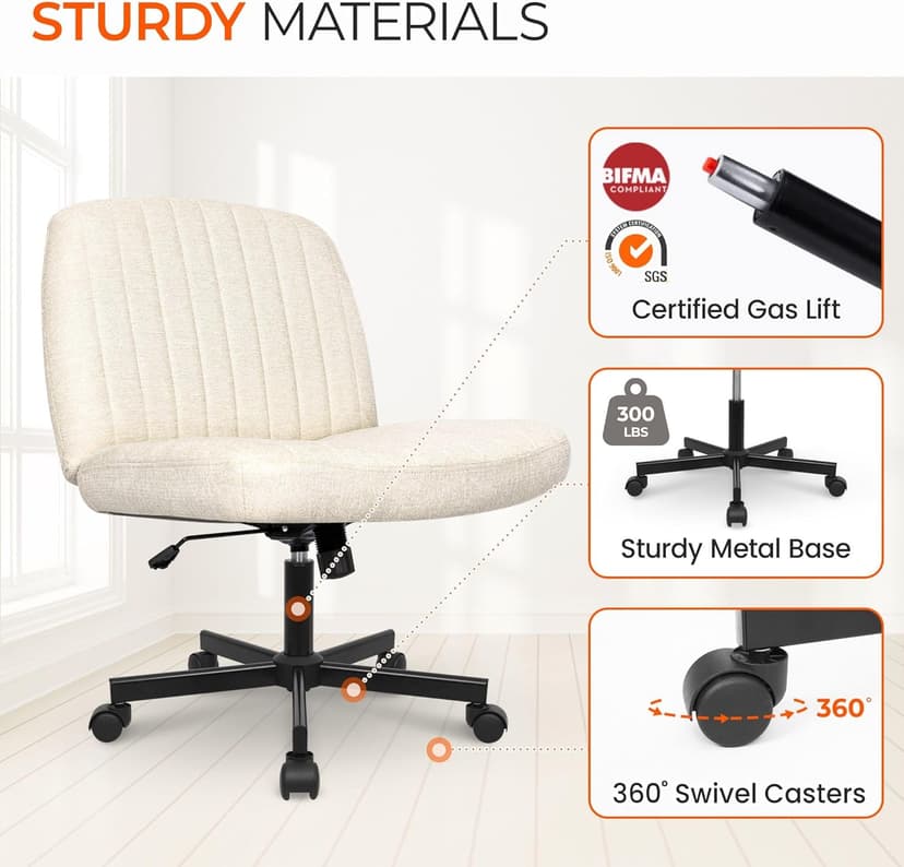 Orange Factory Criss Cross Chair Wheels Wide Cross Legged Office Desk Vanity Chair Comfy Fabric Armless Adjustable Swivel for Home Computer Task (Beige Wheel, Fabric)