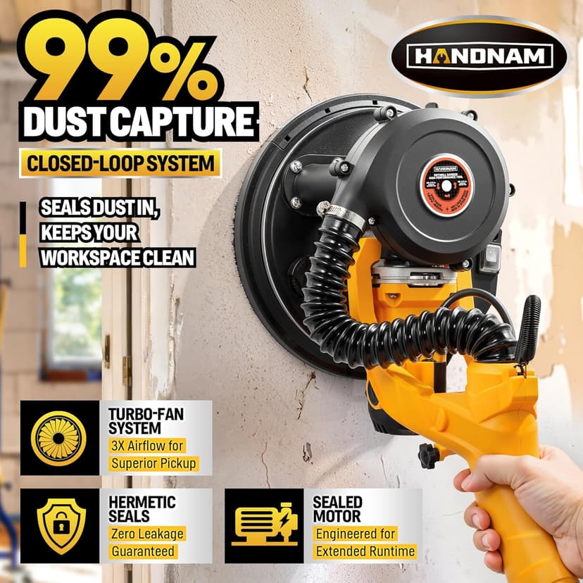 Electric Drywall Sander, 950W Drywall Power Sander with Vacuum Dust Collector, Variable Speed 800-2100RPM, LED Light, Dustless Wall Sander for Drywall, Popcorn Ceiling, Corner etc