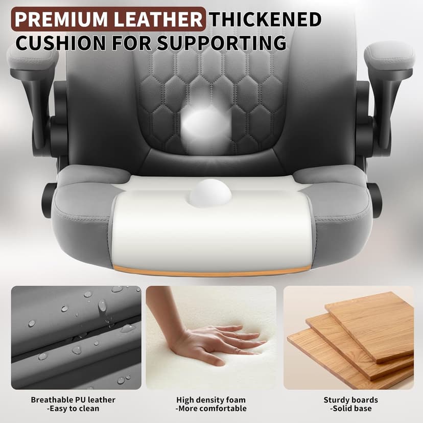 Executive Office Chair PU,Leather Office Chair with Wheels,360° Swivel Rolling Chair with Padded Arms,Ergonomic Computer Chair with Lumbar Support for Short People Use (Grey)