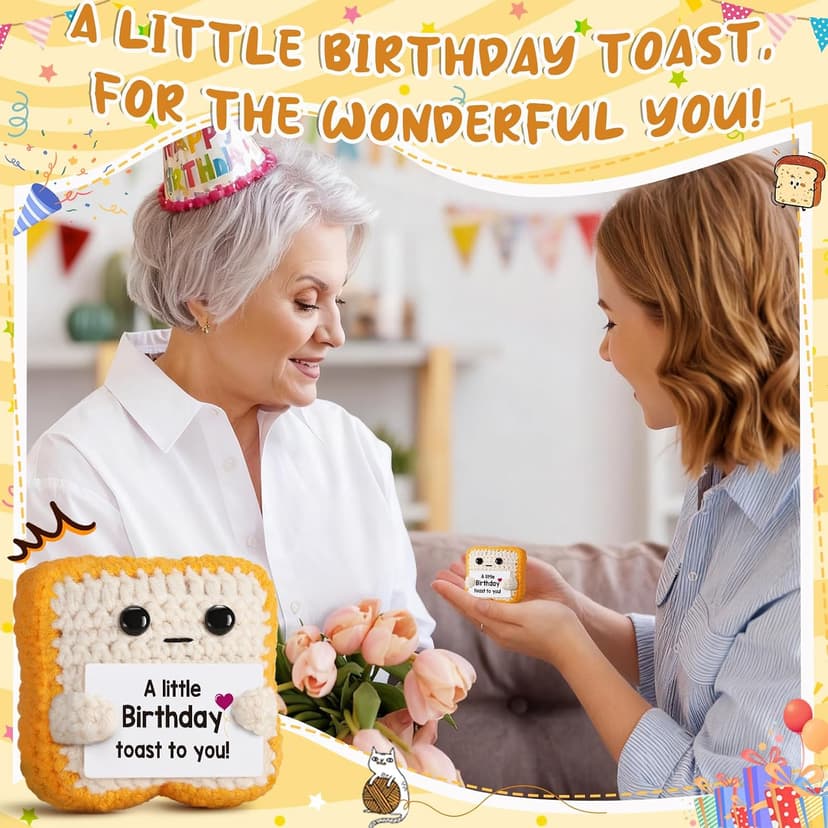A little Birthday Toast to you - Crochet Toast Happy Birthday Gifts Card, Fathers Day Dad Gifts for Mom Women Men Her Him Sister Best Friend Girls Boys Fanny Handmade Knitted Emotional Positive Toast