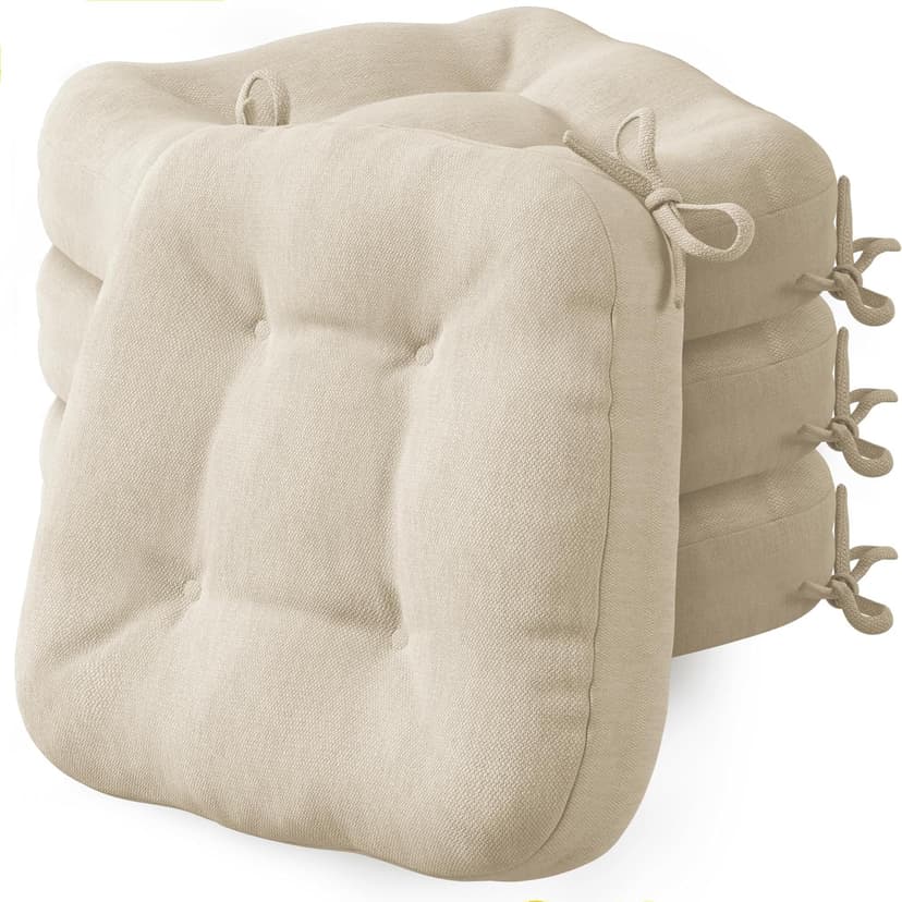 Codi Dining Chair Cushions 4 Pack, Thick Chairs Pads for Indoor Kitchen Room - Washable, Non-Slip Memory Foam Seat Cushion with Ties, 16.5"x16.5"x 3.5", Set of 4, Beige New