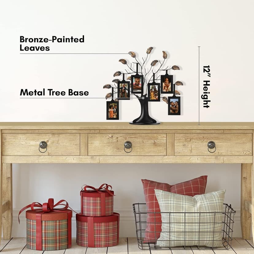 Americanflat Family Tree Picture Frame - Includes 6 Hanging 2x3 Picture Frames - Adjustable Ribbon Tassels - Ideal as Mother’s Day Gifts, Birthday Gifts, or Christmas Decor - Black and Bronze