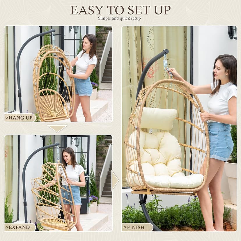 Yechen Hanging Egg Chair with Stand and Footrest for Indoor Outdoor, Foldable Wicker Rattan Patio Egg Swing Chairs Hammock Egg Chair with UV Resistant Cushion for Bedroom Porch, 350 Lbs Capacity