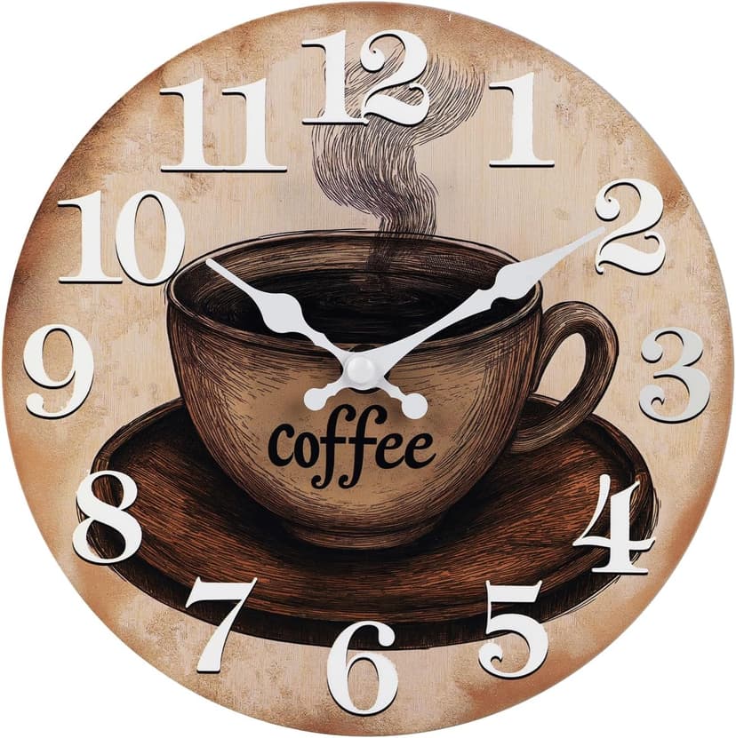 Keepcross Kitchen Wall Clock Coffee Cup Theme Rustic Modern Farmhouse Decor Glass Clock for Kitchen, Coffee Bar, Cafe - 8 Inch, Brown