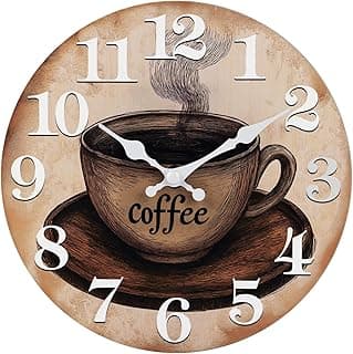 Keepcross Kitchen Wall Clock Coffee Cup Theme Rustic Modern Farmhouse Decor Glass Clock for Kitchen, Coffee Bar, Cafe - 8 Inch, Brown